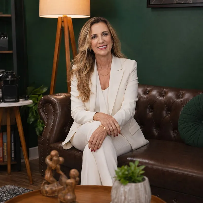 Dra. Lucianna Brasil sentada no sofá do consultório, sorrindo