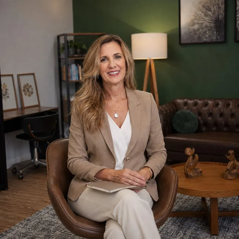 Dra. Lucianna Brasil na poltrona de couro do consultório